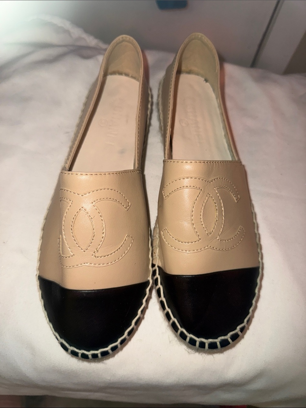 Beige and Black Leather Espadrille Flats -